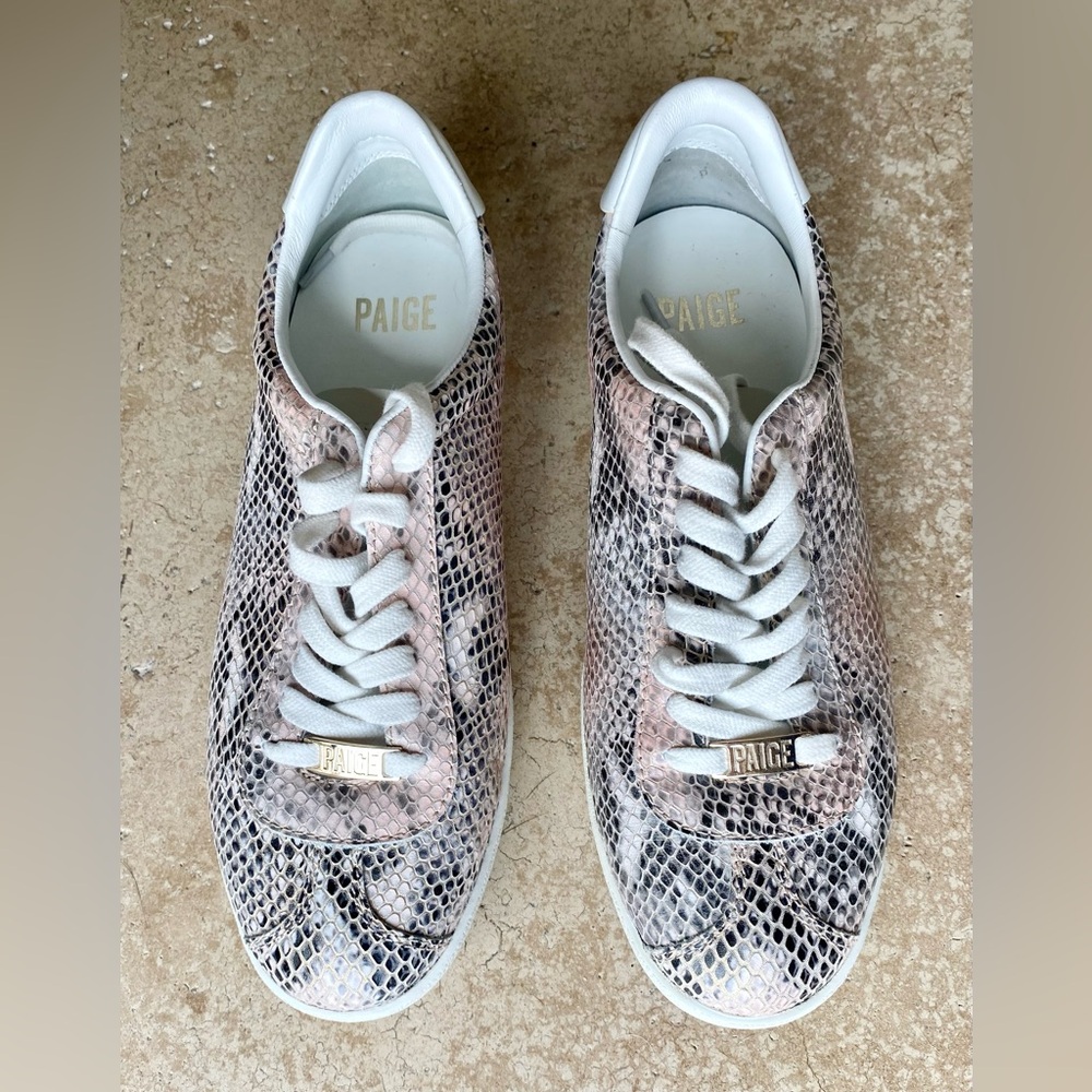 PAIGE Amy Snakeskin Rose Gold Sneakers 7.5